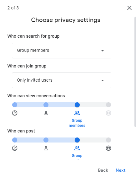 Google Groups privacy settings controlling who can join, view and post.