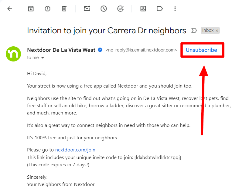Gmail message with the Unsubscribe link beside the sender highlighted.