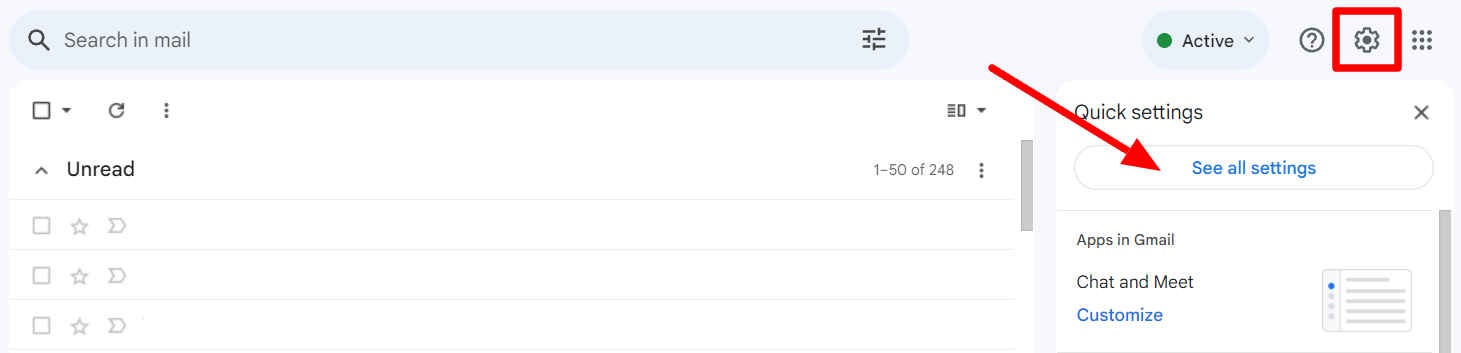 Gmail settings gear and See all settings button highlighted.