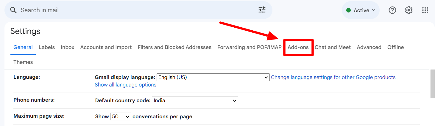 Gmail Settings with the Add-ons tab highlighted.