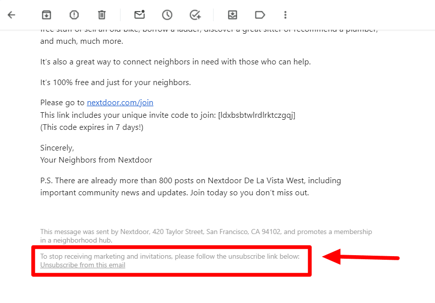 Subscription email footer with its unsubscribe link highlighted.