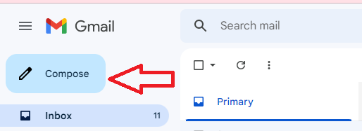 Gmail inbox with the Compose button indicated.