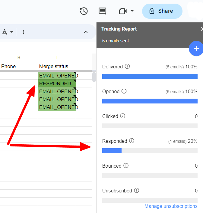 YAMM sheet showing a RESPONDED status beside the report's response metric.