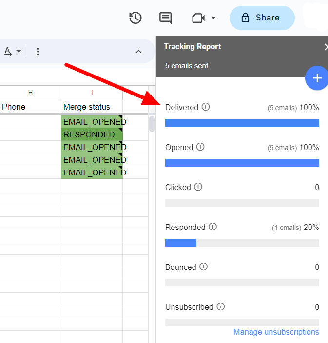 YAMM Tracking Report with the Delivered metric indicated.
