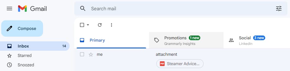 Gmail inbox displaying an email with a PDF attachment chip.