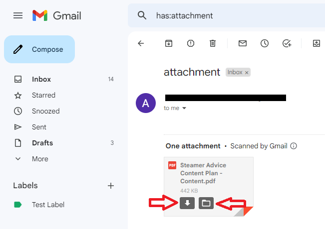 Gmail PDF attachment with Download and Add to Drive controls indicated.