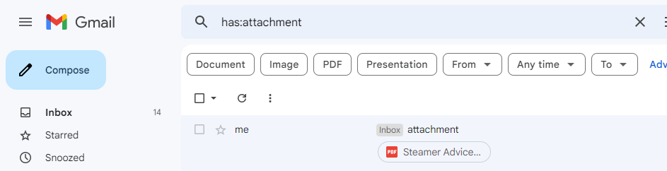 Gmail search results for has:attachment with file-type filters.