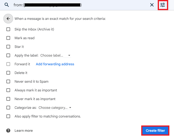 Gmail filter-action dialog with the Create filter button highlighted.