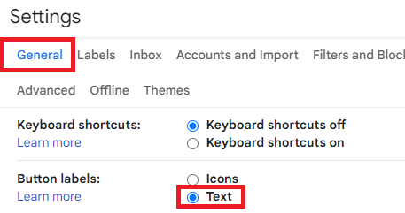 Gmail General settings with Text selected for button labels.