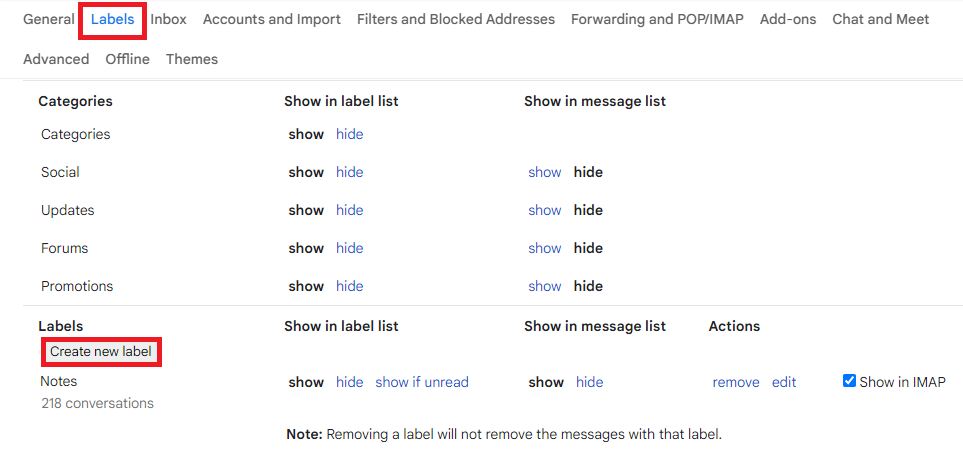 Gmail Labels settings with the Create new label button highlighted.