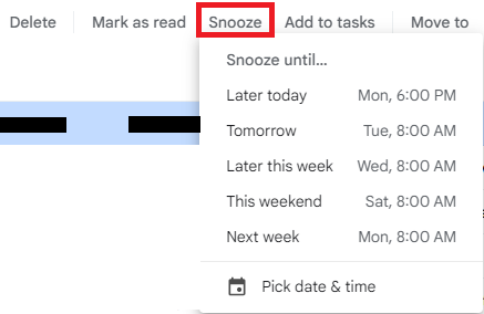Gmail Snooze menu with suggested times and a Pick date and time option.