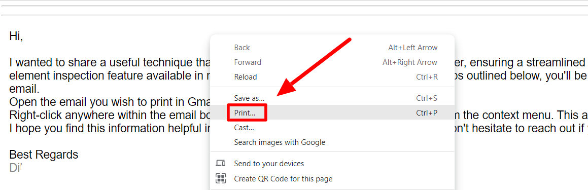 Browser context menu with Print highlighted for the email body.