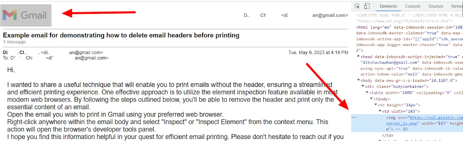 Browser developer tools highlighting the Gmail logo image element.