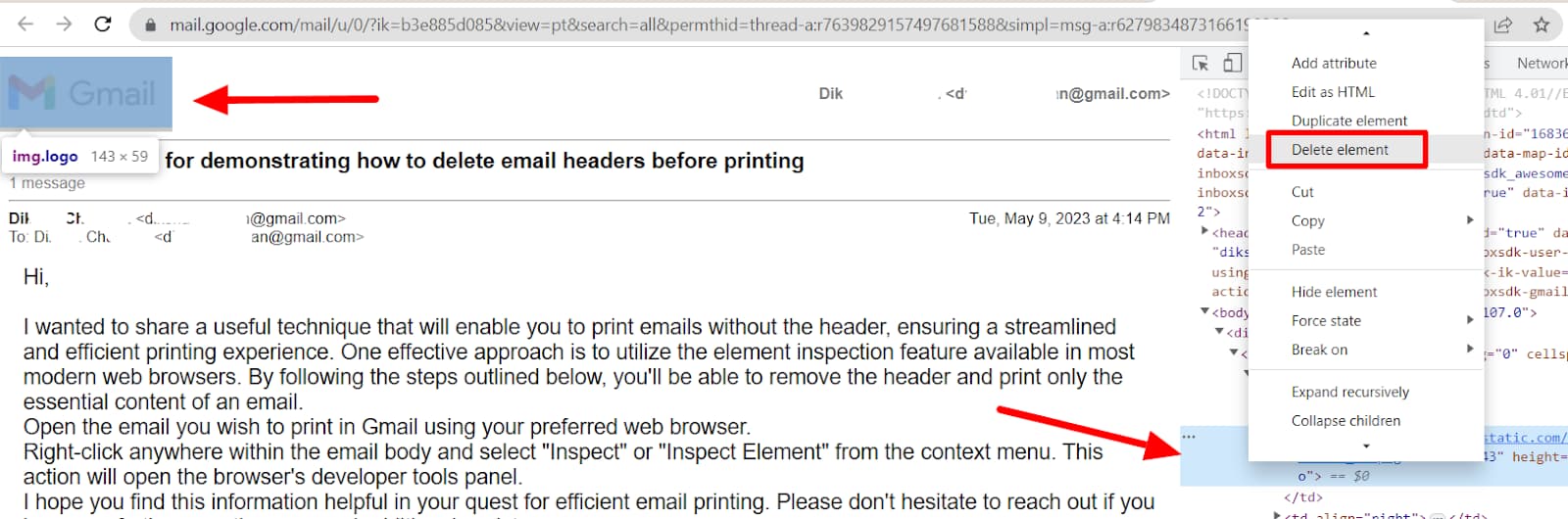 Developer tools context menu with Delete element highlighted for the Gmail logo.