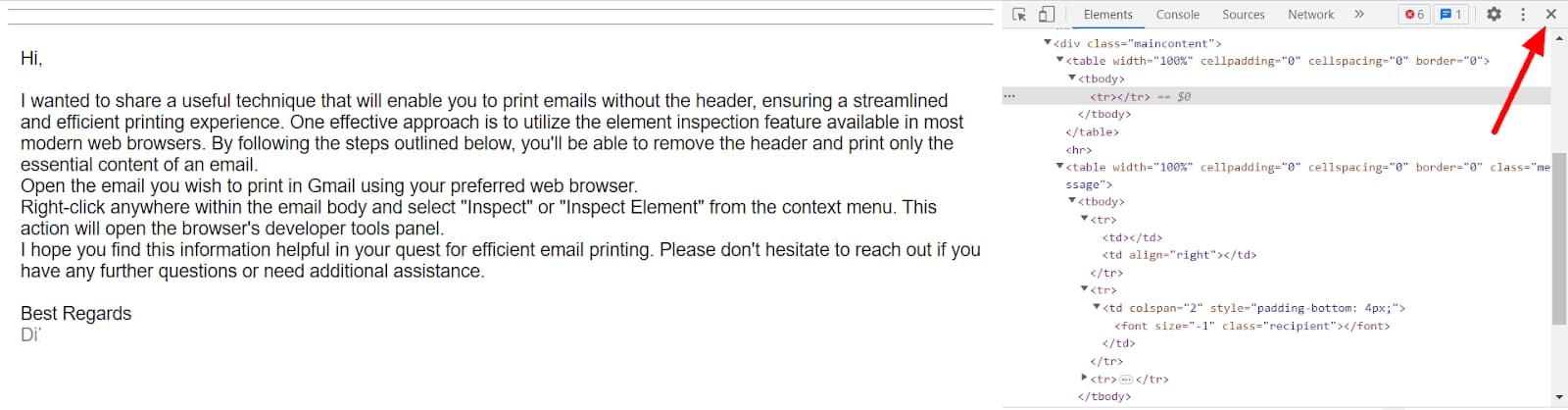 Email print view showing only the message body, with the developer tools close button indicated.