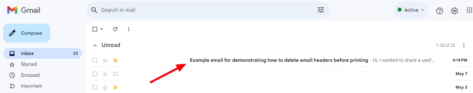 Gmail inbox with an arrow pointing to the message to print.
