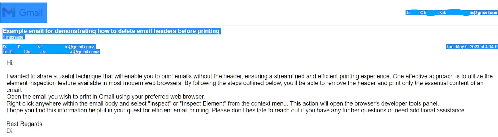 Gmail print view with the logo, subject, and sender details selected.