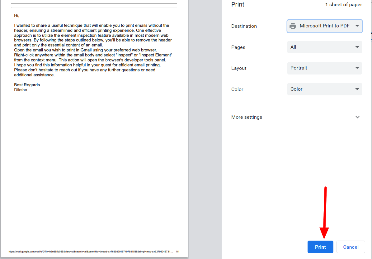 Print preview showing the email body without the Gmail header, with Print highlighted.
