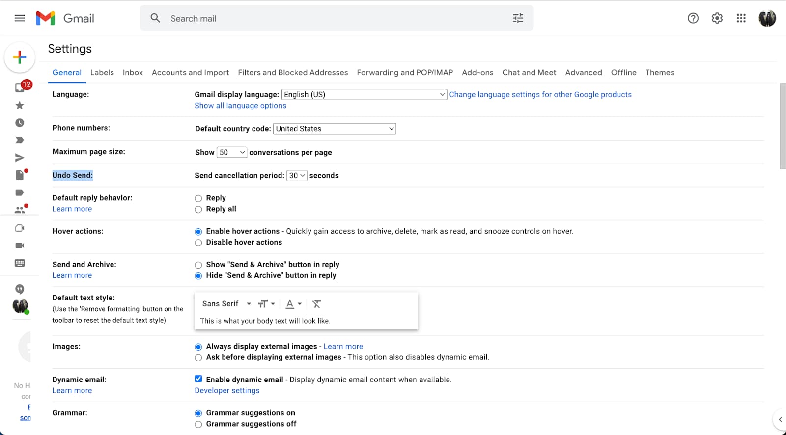 Gmail General settings with Undo Send set to a 30-second cancellation period.