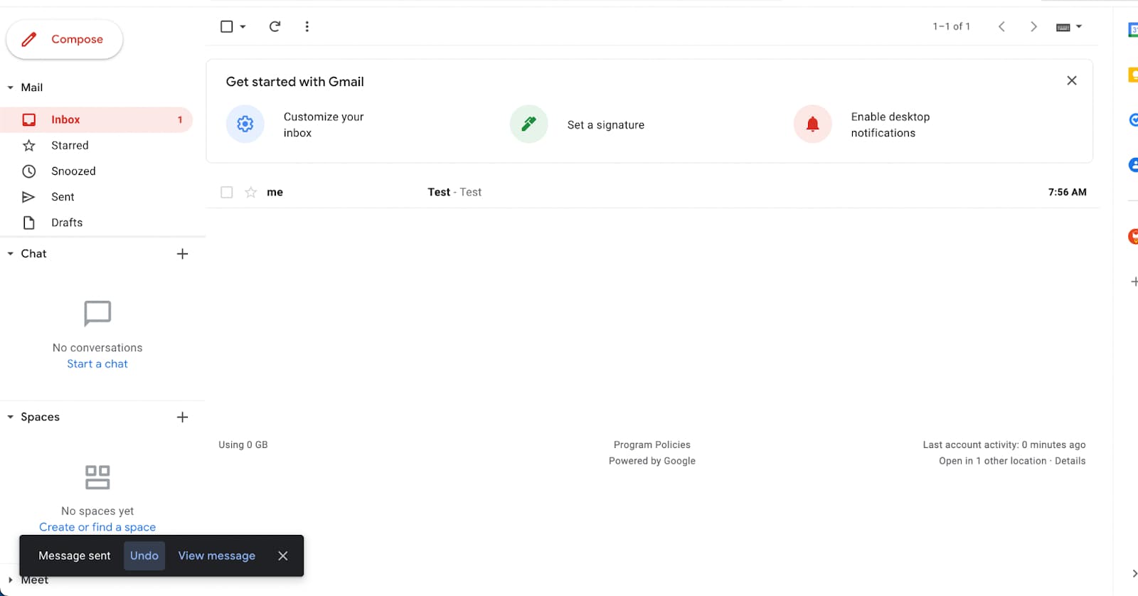 Gmail inbox with the Message sent notification and Undo option visible.