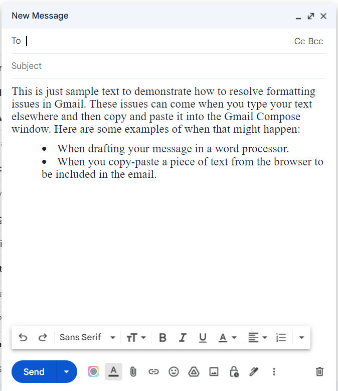 Gmail draft containing sample text with a serif font and a bulleted list.