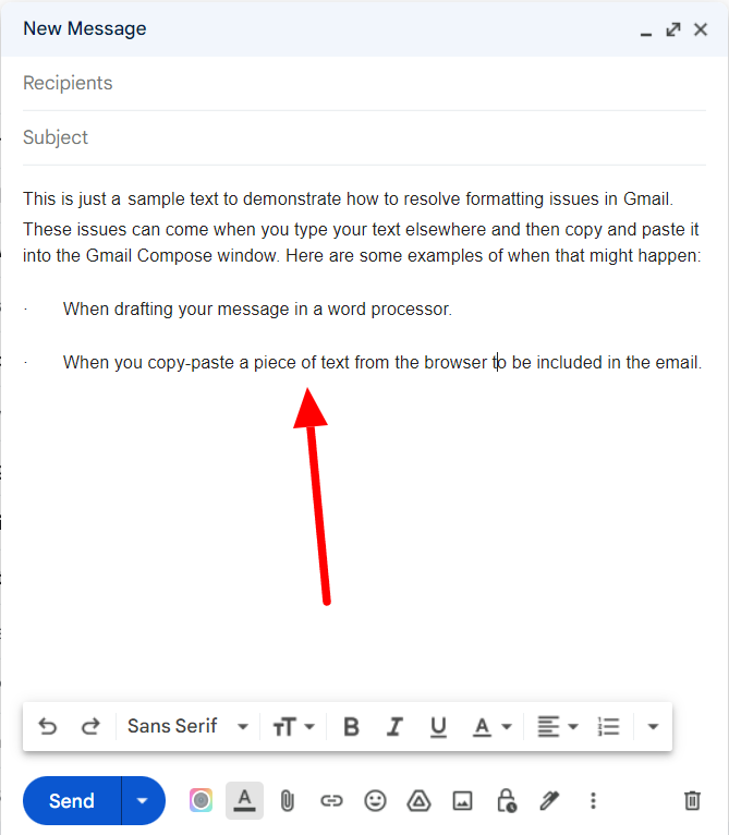 Gmail draft showing the text after formatting has been removed.