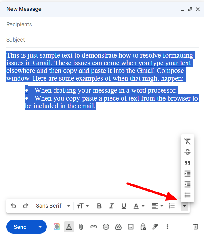Gmail formatting toolbar with its additional formatting controls expanded.