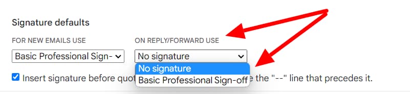 Default signature dropdown for replies and forwards with No signature selected.