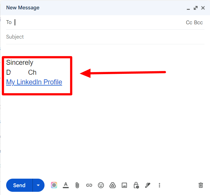 Gmail draft with an automatically inserted signature highlighted.
