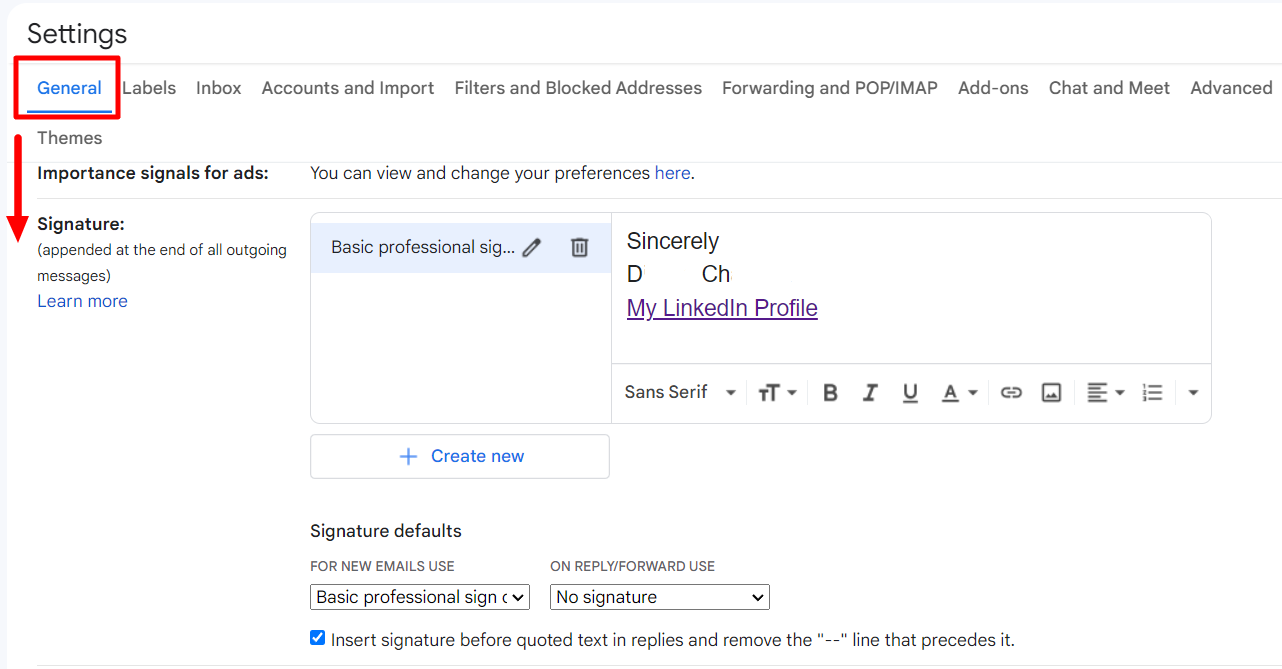Gmail General settings showing the Signature section and signature editor.