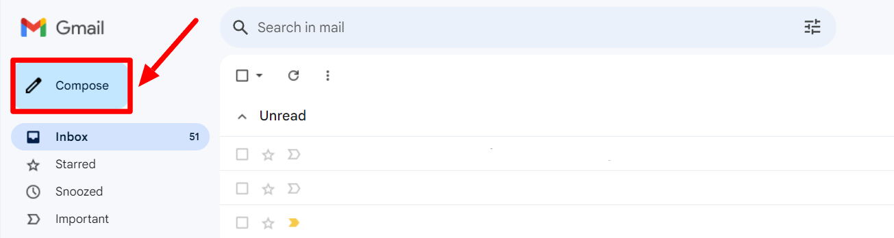 Gmail inbox with the Compose button highlighted.