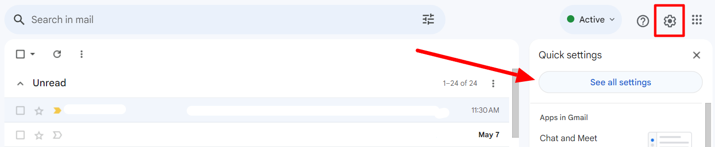 Gmail settings gear and See all settings button highlighted.