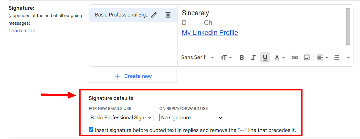 Gmail Signature settings with the Signature defaults section highlighted.