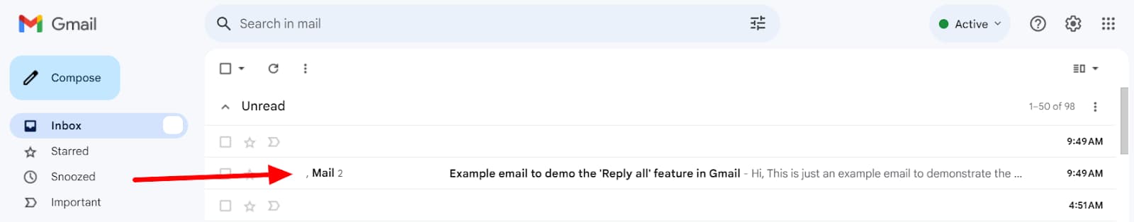 Gmail inbox with an example group email indicated.