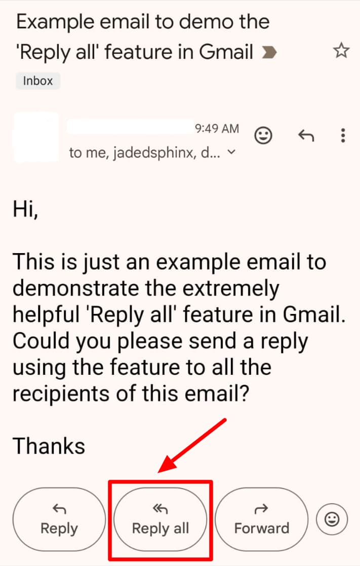 Gmail mobile group message with Reply all highlighted.
