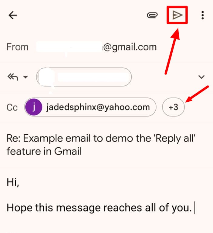 Gmail mobile reply-all draft showing multiple recipients and the Send icon highlighted.
