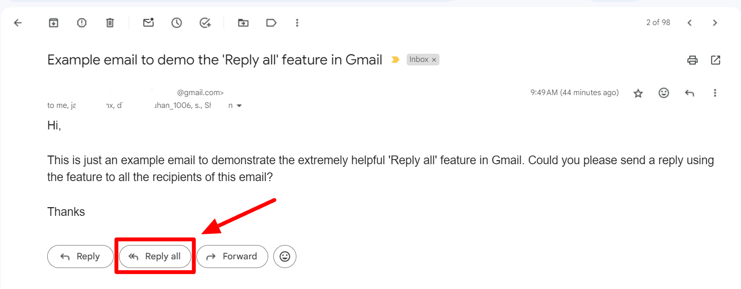 Open Gmail group message with the Reply all button highlighted.