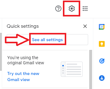 Gmail settings gear and See all settings button highlighted.