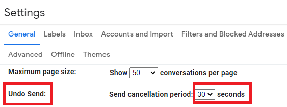 Gmail Undo Send setting with a 30-second cancellation period highlighted.
