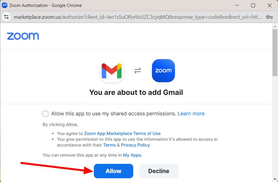 Zoom authorization page with the Allow button highlighted.