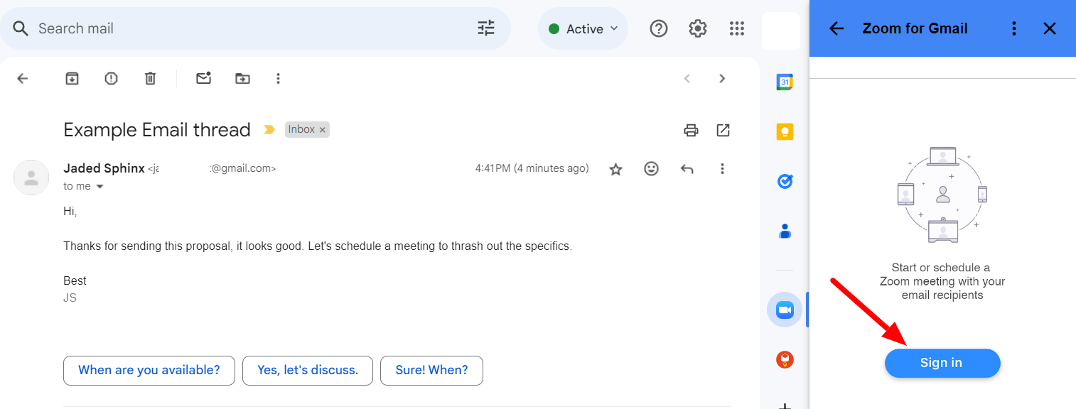 Zoom for Gmail sidebar with the Sign in button highlighted.