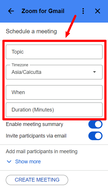 Zoom meeting form showing topic, timezone, date and duration fields.