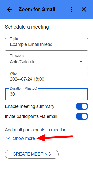 Zoom meeting form with Show more highlighted.