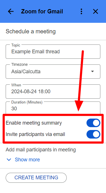 Zoom meeting form with summary and email-invitation toggles highlighted.
