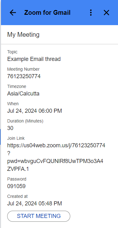 Zoom sidebar showing the scheduled meeting details and join link.