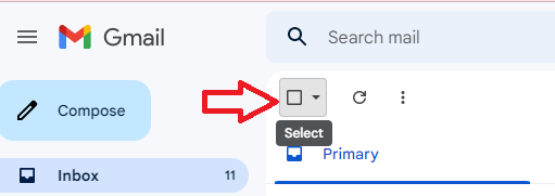Gmail Select checkbox and dropdown highlighted above the inbox.