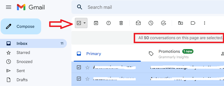 Gmail Select checkbox checked, with a notice that all 50 conversations on the page are selected.