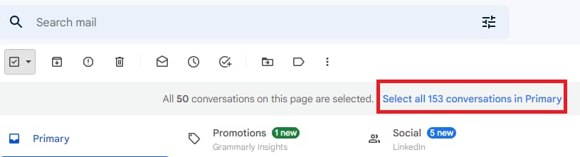 Gmail selection banner with Select all 153 conversations in Primary highlighted.