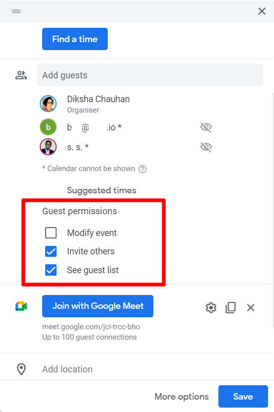 Guest permissions offer Modify event, Invite others, and See guest list options.