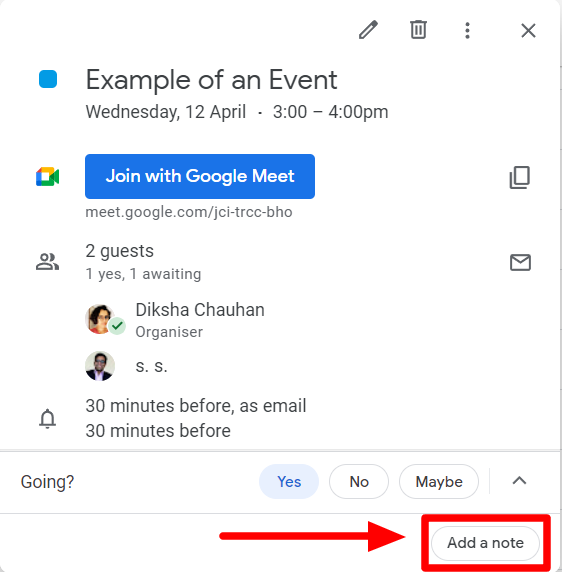 The Add a note button in an event's RSVP area is highlighted.